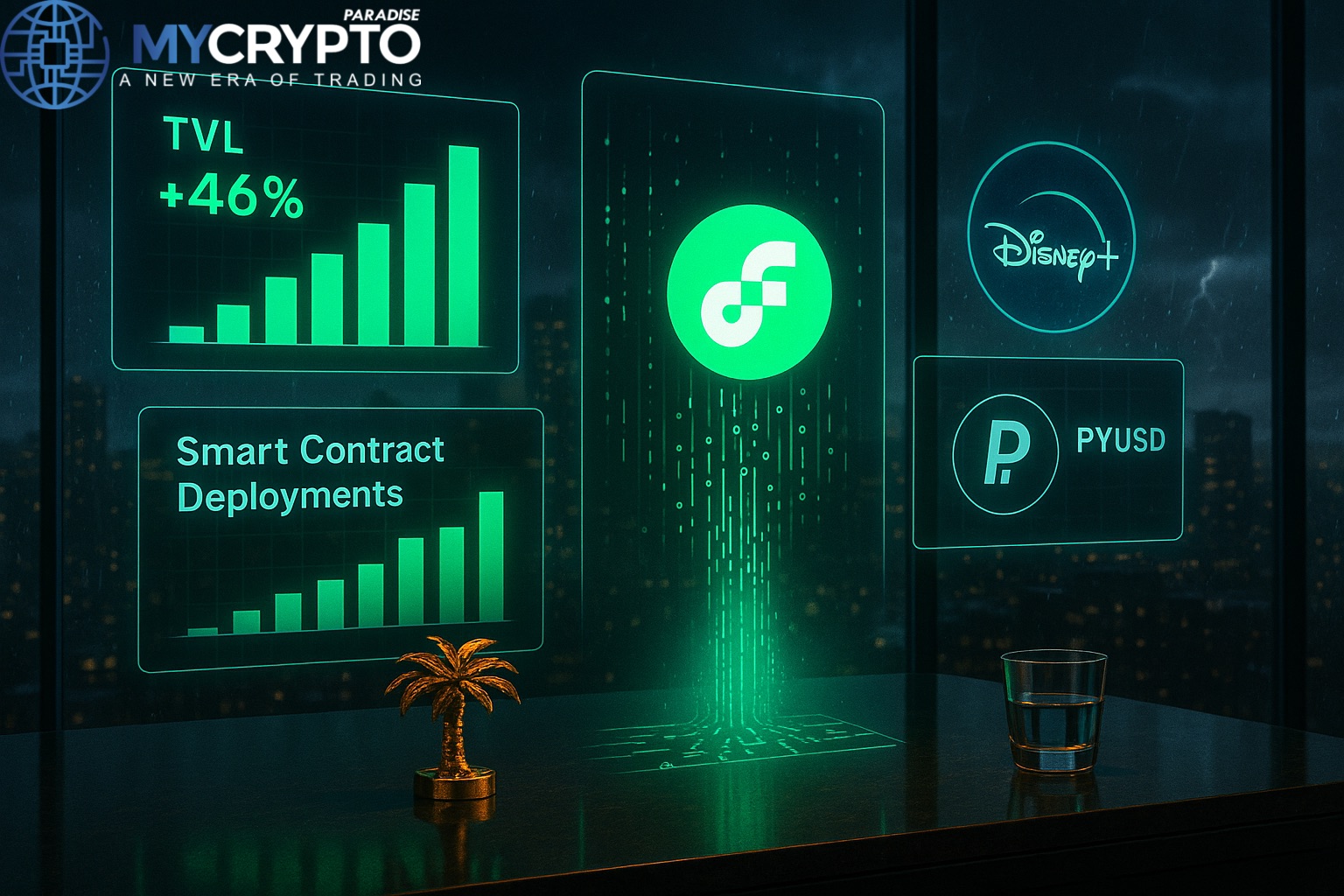 Golden palm tree sculpture and glass cup on trading desk with glowing holograms of Flow Q2 2025 metrics including TVL growth, contract deployments, Disney partnership, and PayPal stablecoin expansion