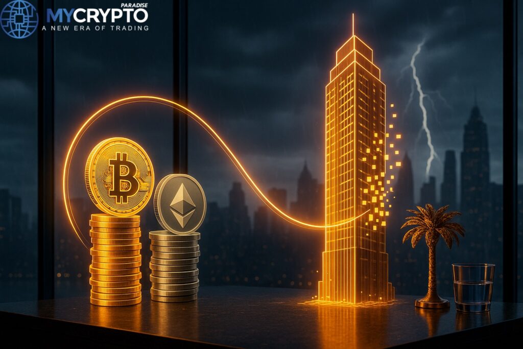 Golden palm tree sculpture and glass cup on trading desk with holographic crypto stacks and tokenized skyscraper, symbolizing Trump family’s $1.3B in crypto and pivot to blockchain real estate