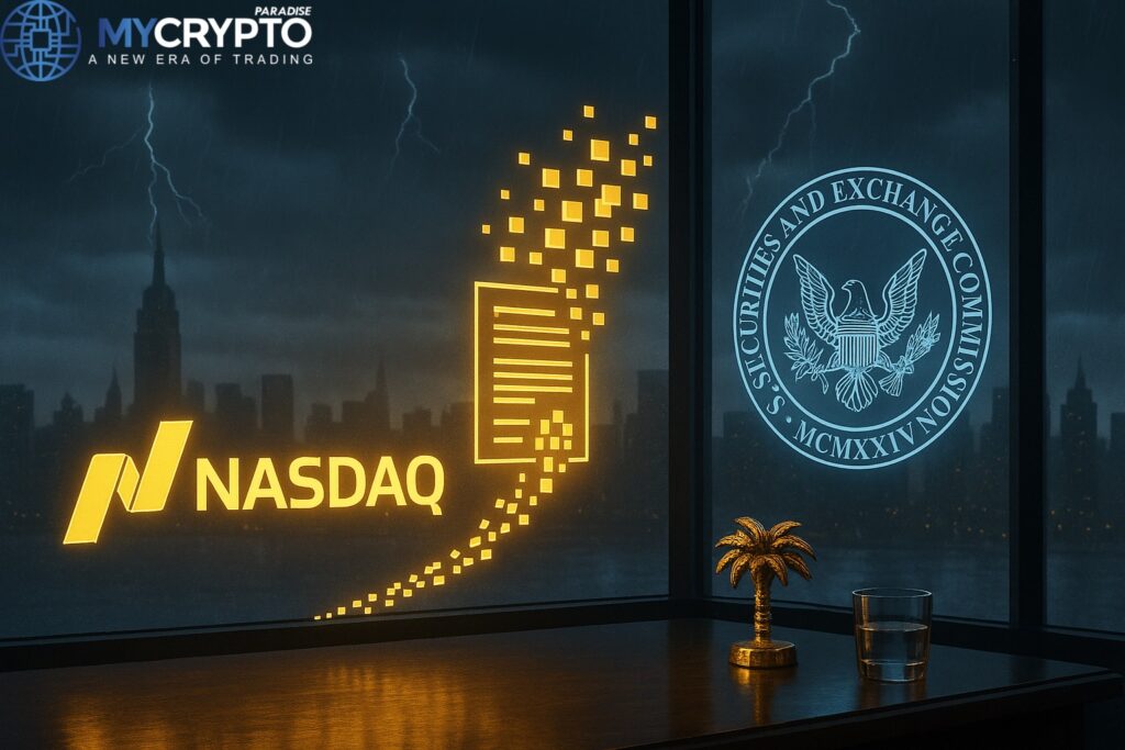 Golden palm tree sculpture and glass cup on trading desk with holographic NASDAQ pushing tokenized stocks toward SEC emblem, symbolizing Wall Street pressure for tokenization approval