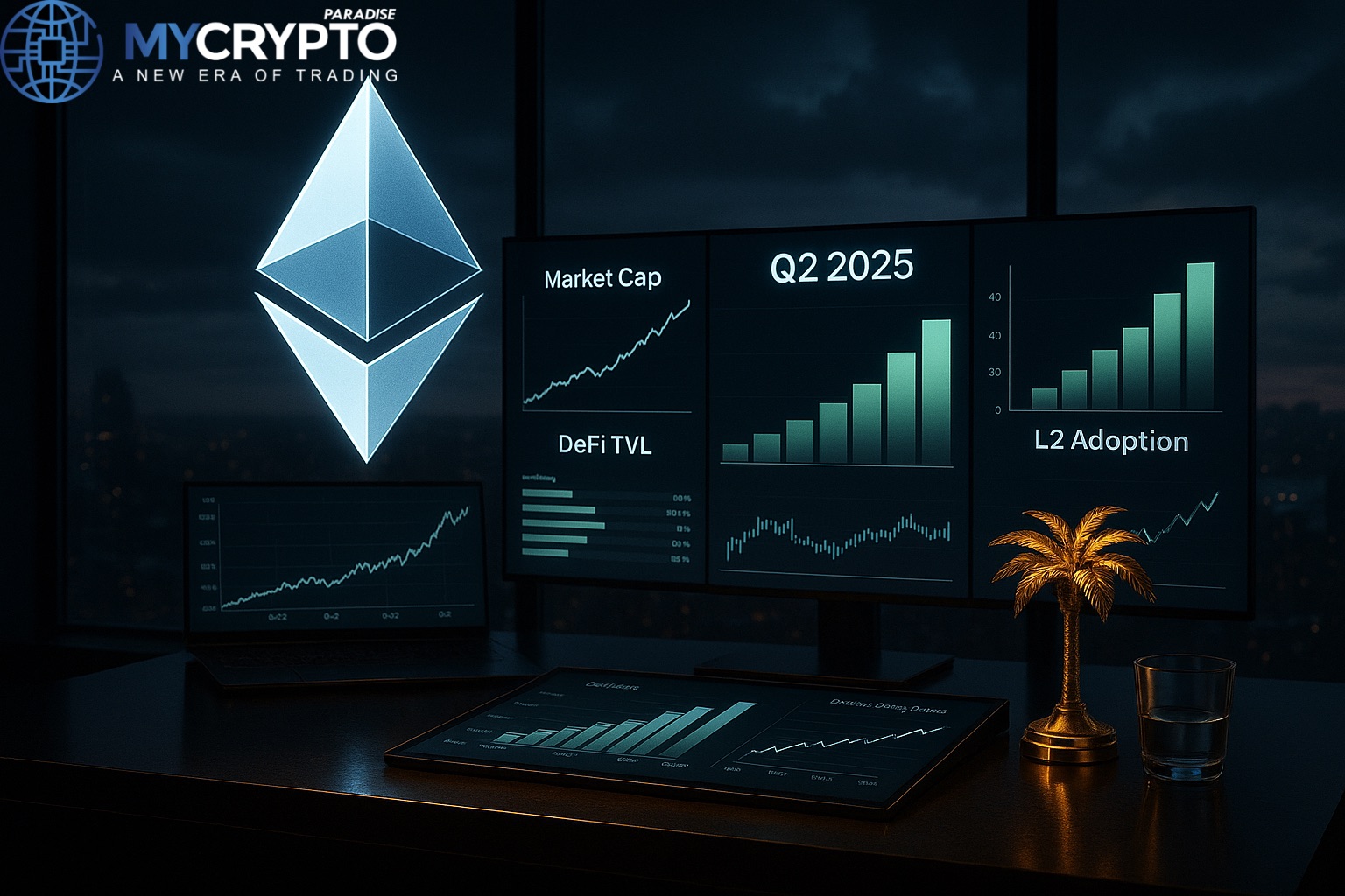 Golden palm tree sculpture and glass cup on luxury trading desk with glowing Ethereum logo and Q2 2025 charts for market cap, DeFi, and adoption, symbolizing Ethereum’s performance and growth