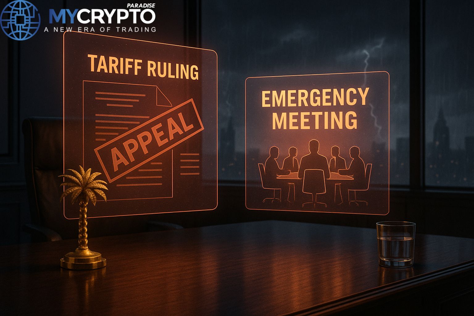 Golden palm tree sculpture and glass cup on trading desk with holographic justice scales and negotiation meeting figures, symbolizing Trump appealing tariff ruling and calling emergency talks