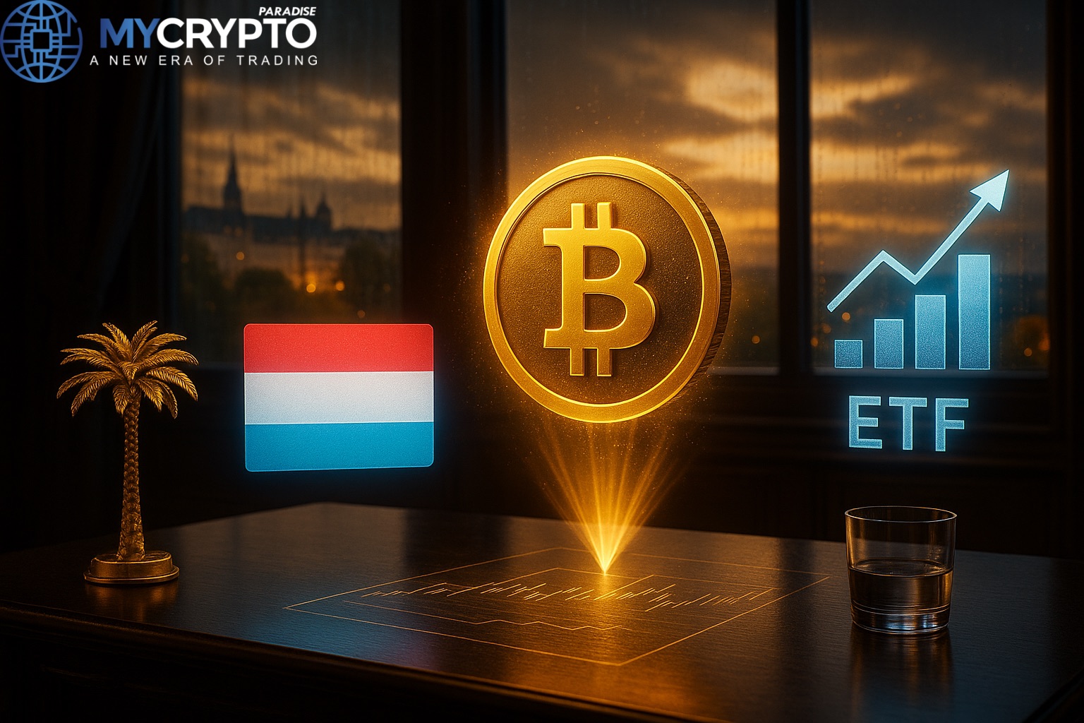 Golden palm tree sculpture and glass cup on trading desk with glowing Bitcoin and Luxembourg flag holograms, symbolizing the nation’s sovereign Bitcoin ETF investment