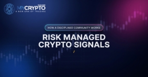 MyCryptoParadise share card reading Risk Managed Crypto Signals over a candlestick chart
